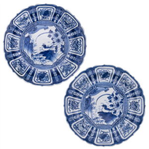 Pair of Antique Japanese Fuyode Kraak Style Blue and White Porcelain Dishes. Edo Period