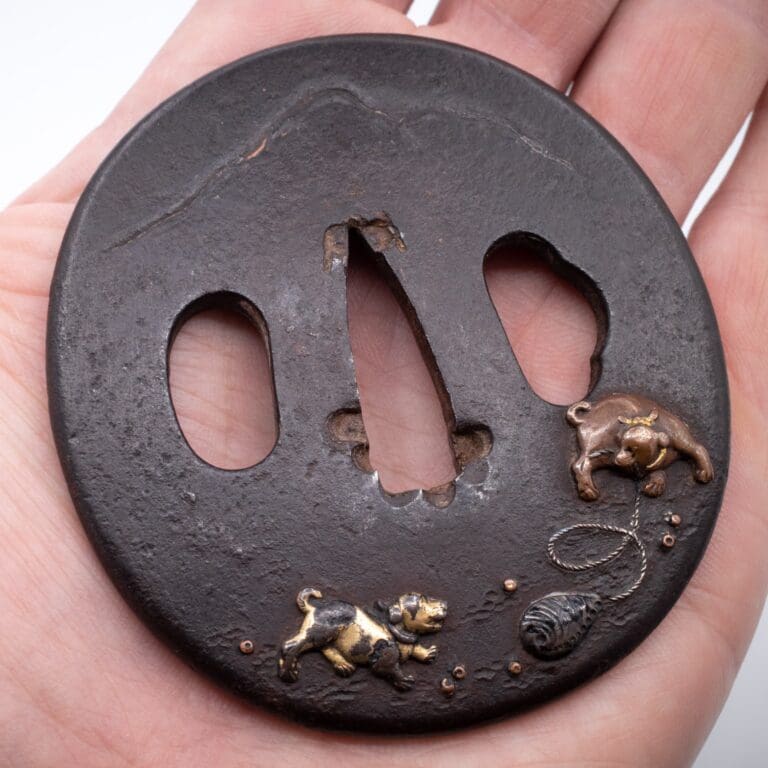 Antique Japanese Iroe Zogan Inlaid Iron Tsuba With Puppies. Edo Period