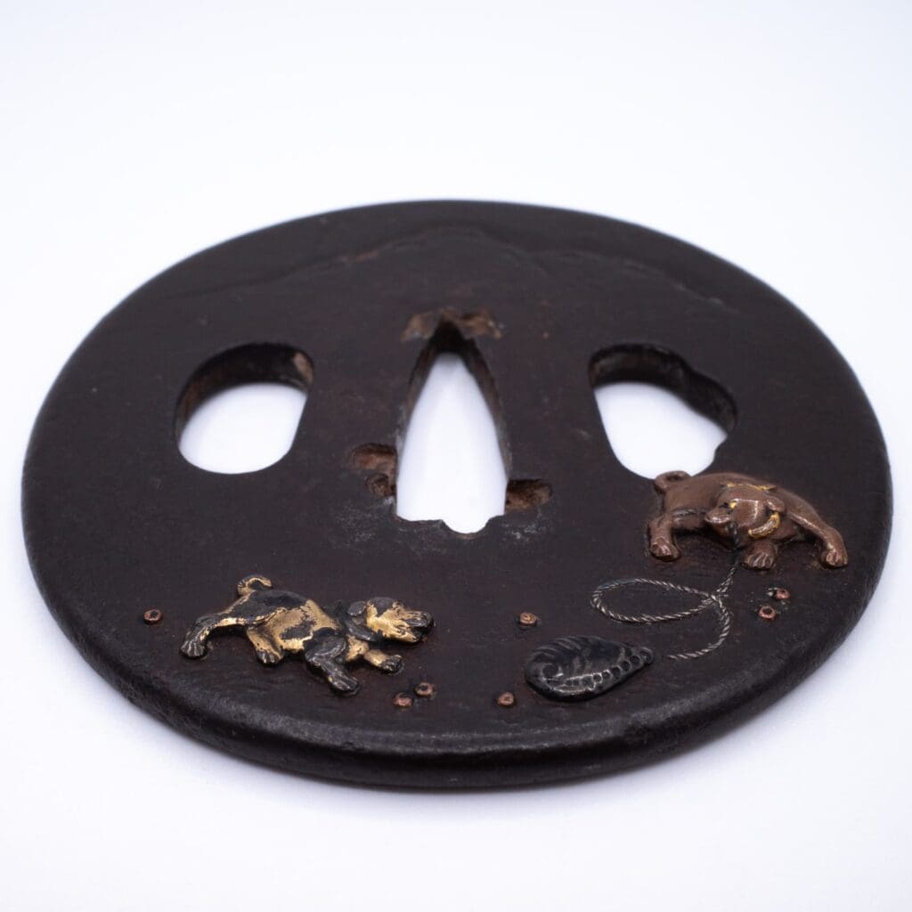 Antique Japanese Iroe Zogan Inlaid Iron Tsuba With Puppies. Edo Period