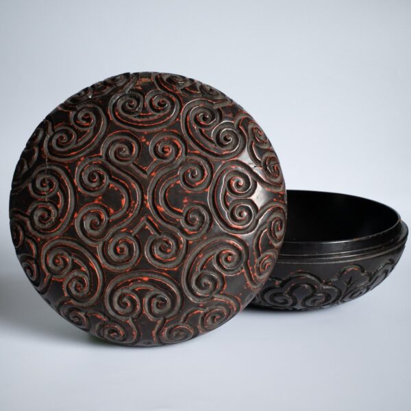Antique Chinese Carved Tixi Lacquer Circular Box and Cover. Guri Ware