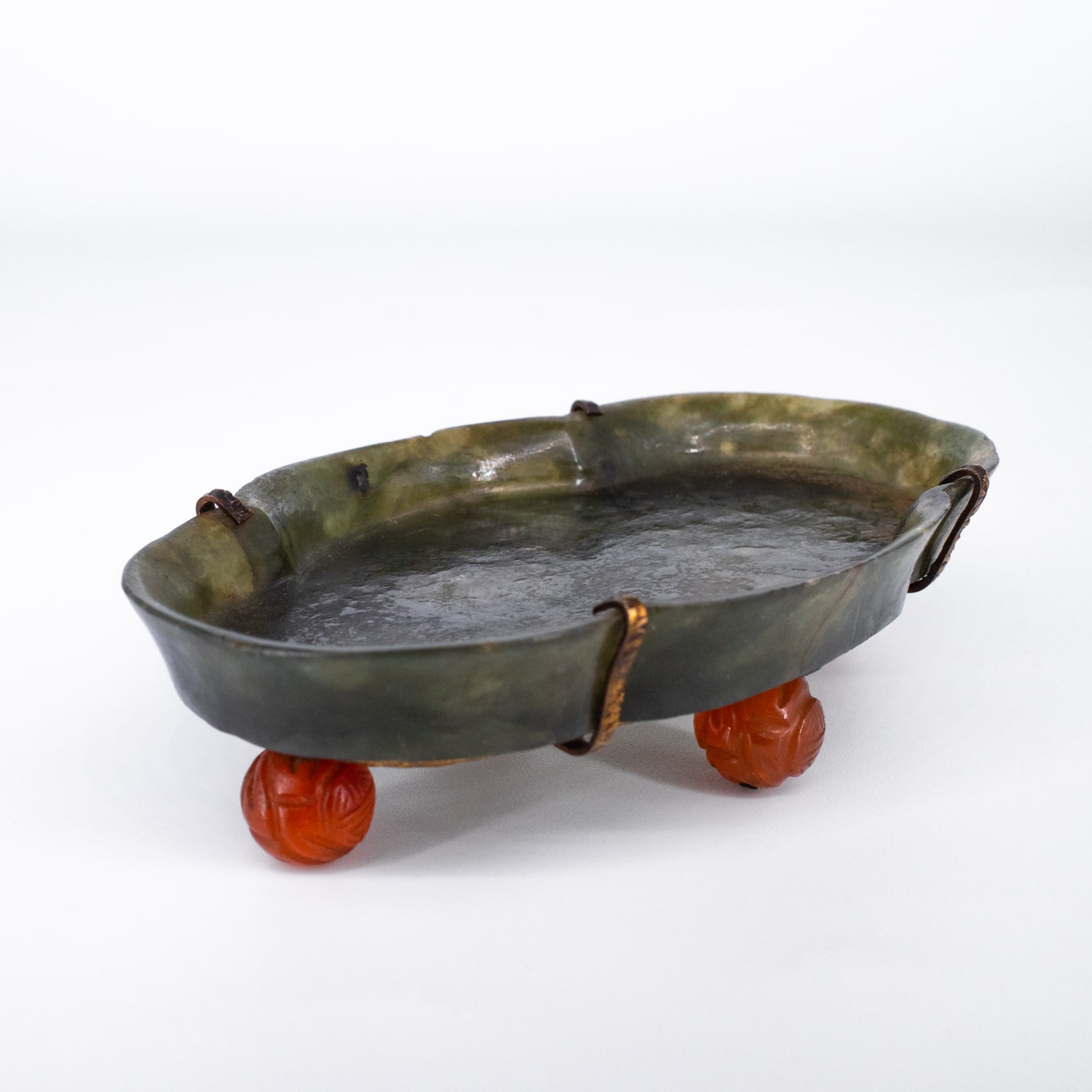 Antique Chinese Carved Spinach Jade Brush Washer With Agate Feet. Qing Dynasty