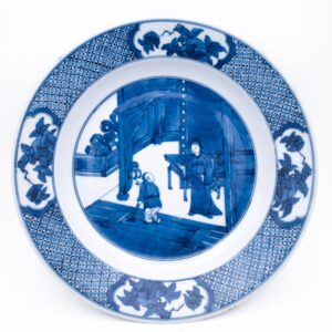 Antique Chinese Blue and White Porcelain Dish With Figures. Kangxi Period, 18th Century
