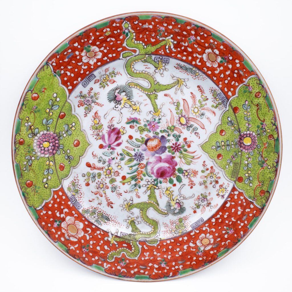 Antique Chinese Clobbered Famille Rose Porcelain Dish With Dragons. 18th-19th century