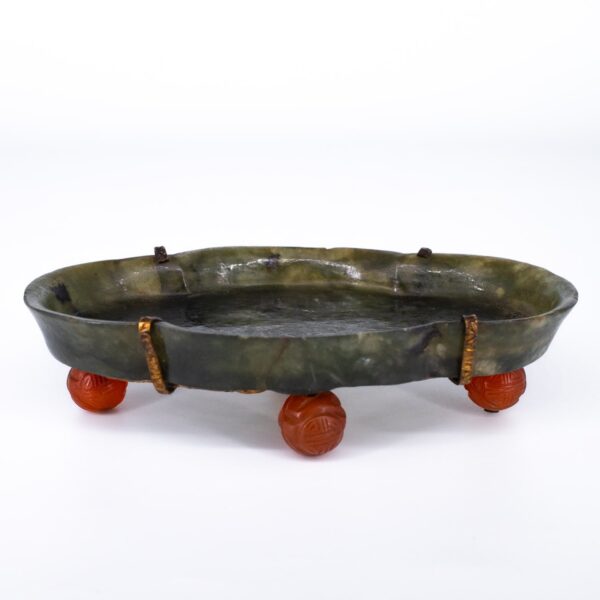 Antique Chinese Carved Spinach Jade Brush Washer With Agate Feet. Qing Dynasty