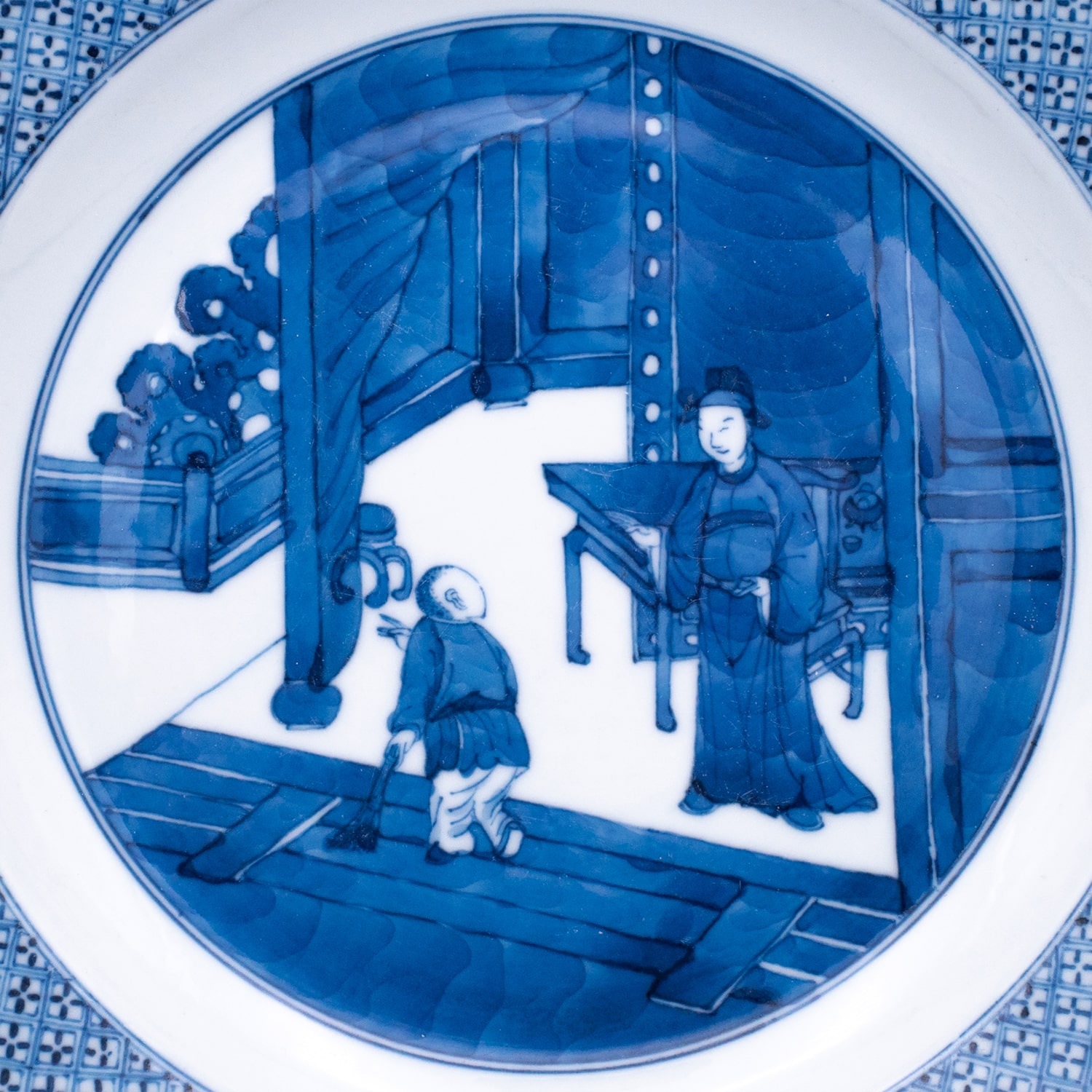 Antique Chinese Blue and White Porcelain Dish With Figures. Kangxi Period, 18th Century