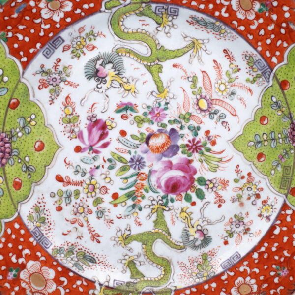 Antique Chinese Clobbered Famille Rose Porcelain Dish With Dragons. 18th-19th century