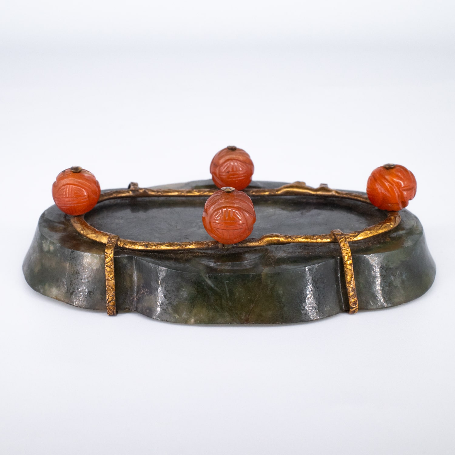 Antique Chinese Carved Spinach Jade Brush Washer With Agate Feet. Qing Dynasty