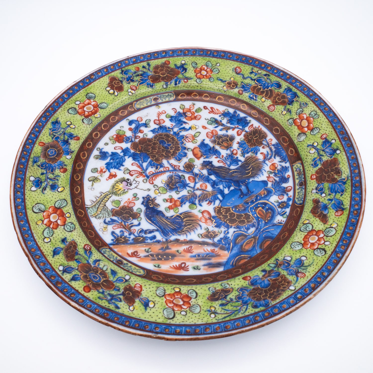 Antique Chinese Clobbered Blue and White Export Porcelain Dish With Chickens. 18th century