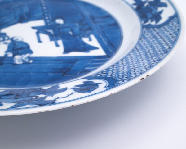 Antique Chinese Blue and White Porcelain Dish With Figures. Kangxi Period, 18th Century