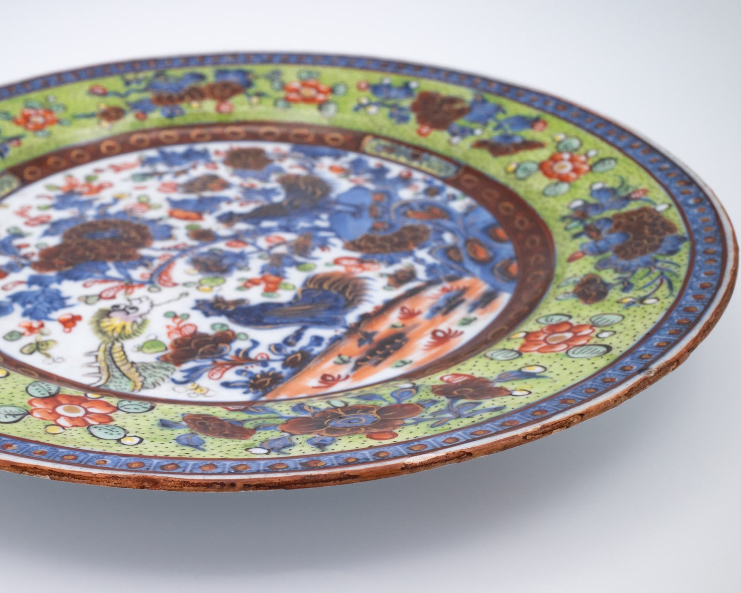 Antique Chinese Clobbered Blue and White Export Porcelain Dish With Chickens. 18th century