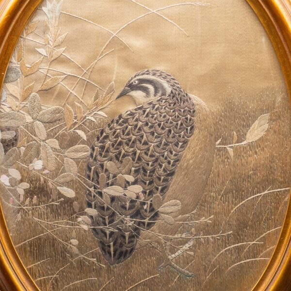 Fine Antique Japanese Silk Embroidery Panel With a Quail. Early 20th Century