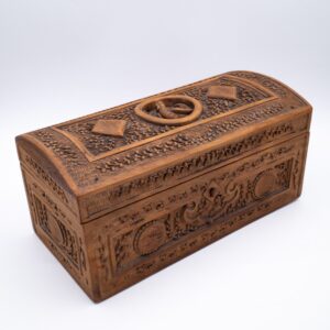 Antique Chinese Relief Carved Wooden Box With Domed Lid. Canton Export Carving