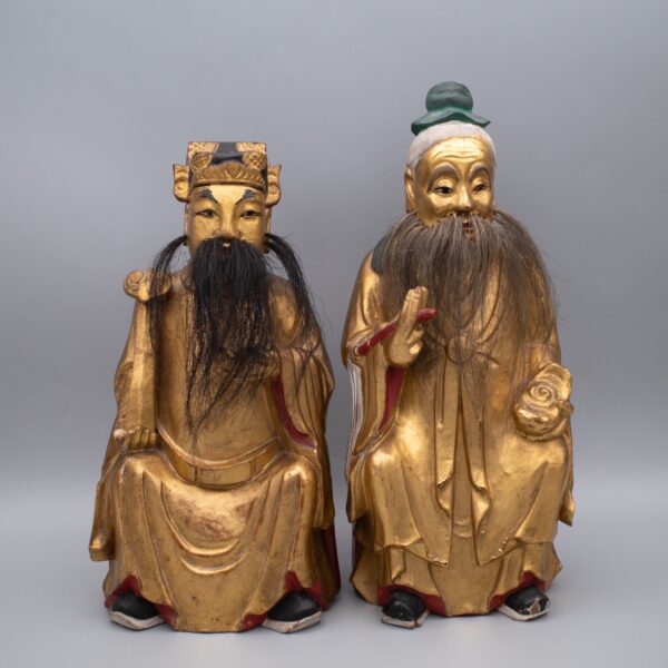 Fine Chinese Carved Gilt Lacquered Wood Figures of Seated Daoist Immortals