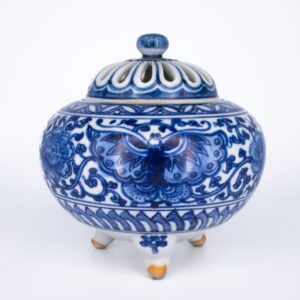 Antique Japanese Blue and White Kutani Porcelain Tripod Koro Incense Burner. Marked 九谷