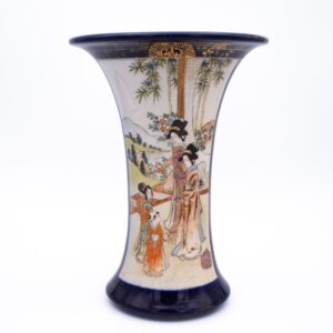 Antique Japanese Blue-Ground Satsuma Trumpet Vase by Kusube 楠部. Meiji Period