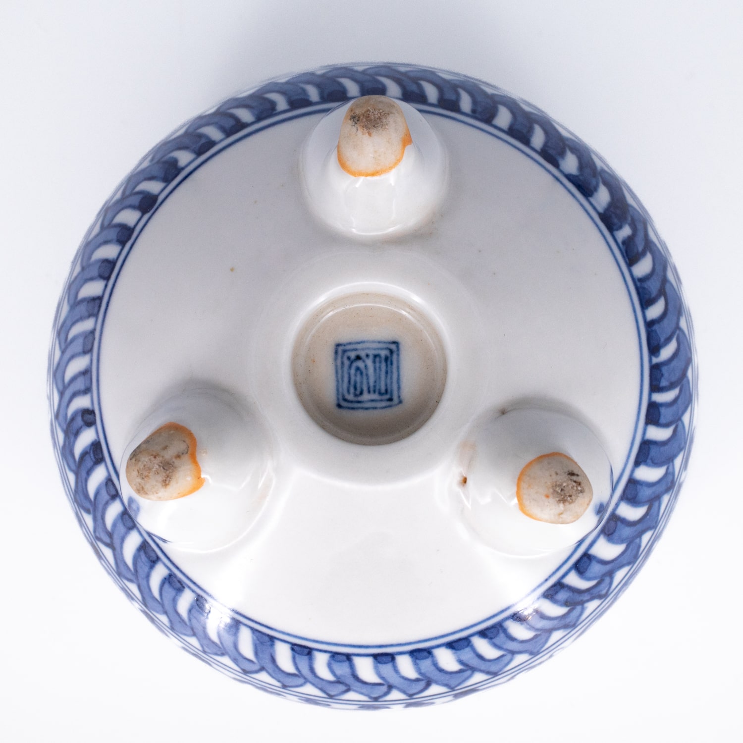 Antique Japanese Blue and White Kutani Porcelain Tripod Koro Incense Burner. Marked 九谷