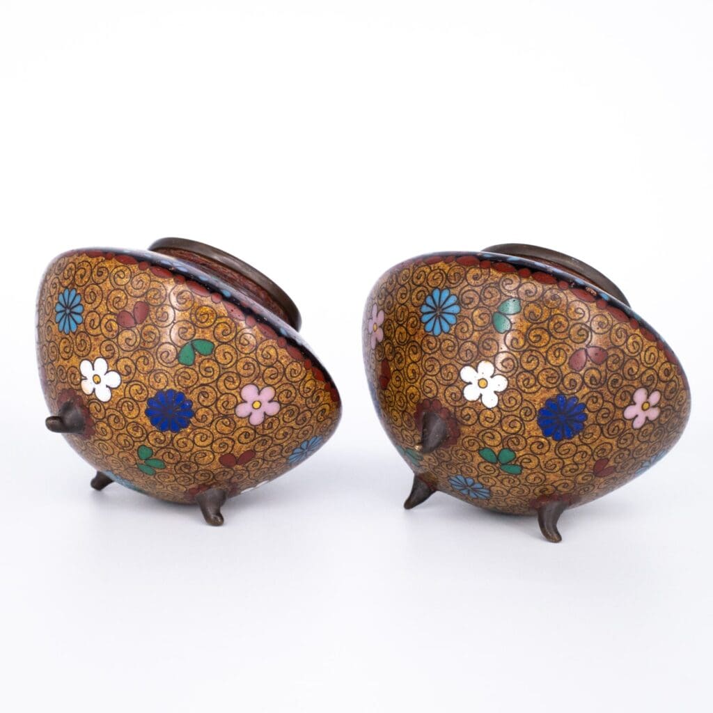 Pair of Antique Japanese Cloisonne Koro Incense Burners. Meiji Period