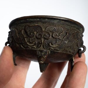 Antique Chinese Miniature Bronze Incense Burner With Relief Decoration and Mask Handles. Scholar's Object