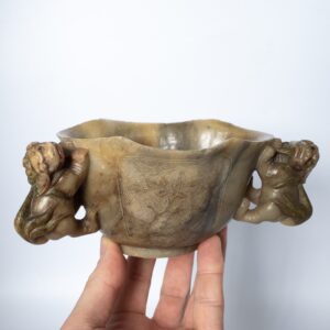 Antique Chinese Carved Soapstone Quatrefoil Cup With Foo Lion Handles. Qing Dynasty