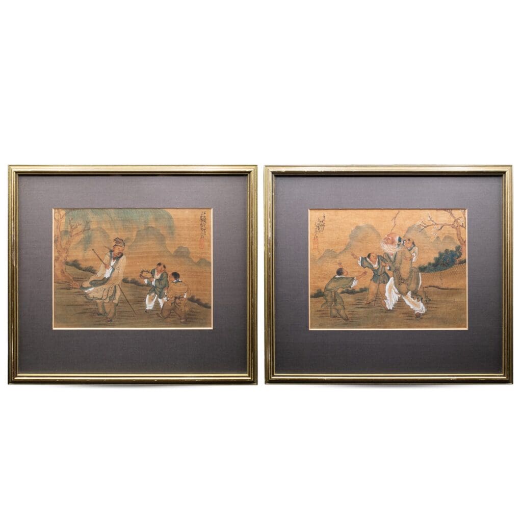 Pair of Chinese Republic Period Paintings on Silk With Calligraphy