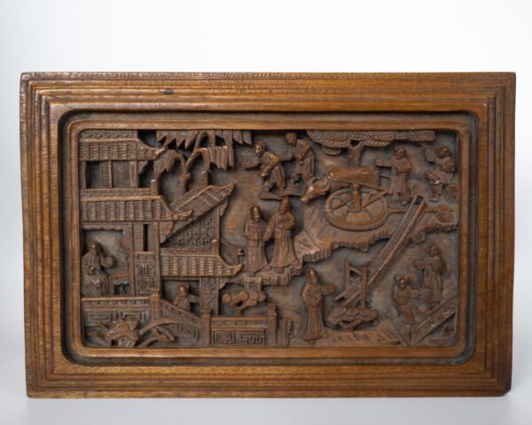 Fine Antique Chinese Relief Carved Wooden Box With Figural Scenes. Qing Dynasty