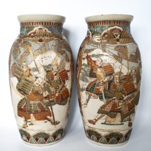 Large Pair of Antique Japanese Meiji Satsuma Pottery Vases With Samurai Warriors