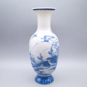 Fine Antique Japanese Blue and White Seto Porcelain Vase With Quails. Meiji Period