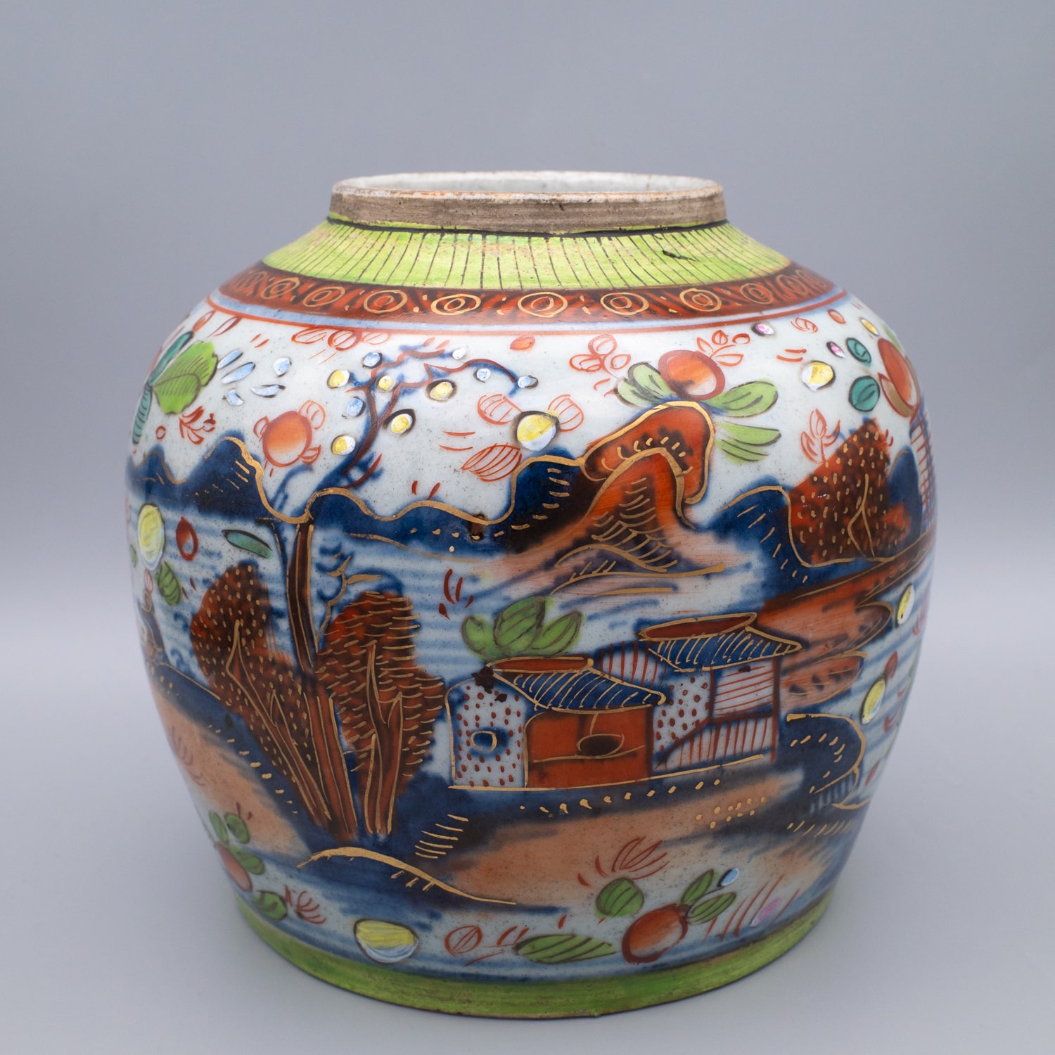 Antique Chinese Clobbered Blue and White Porcelain Jar. Qing Dynasty, 19th Century