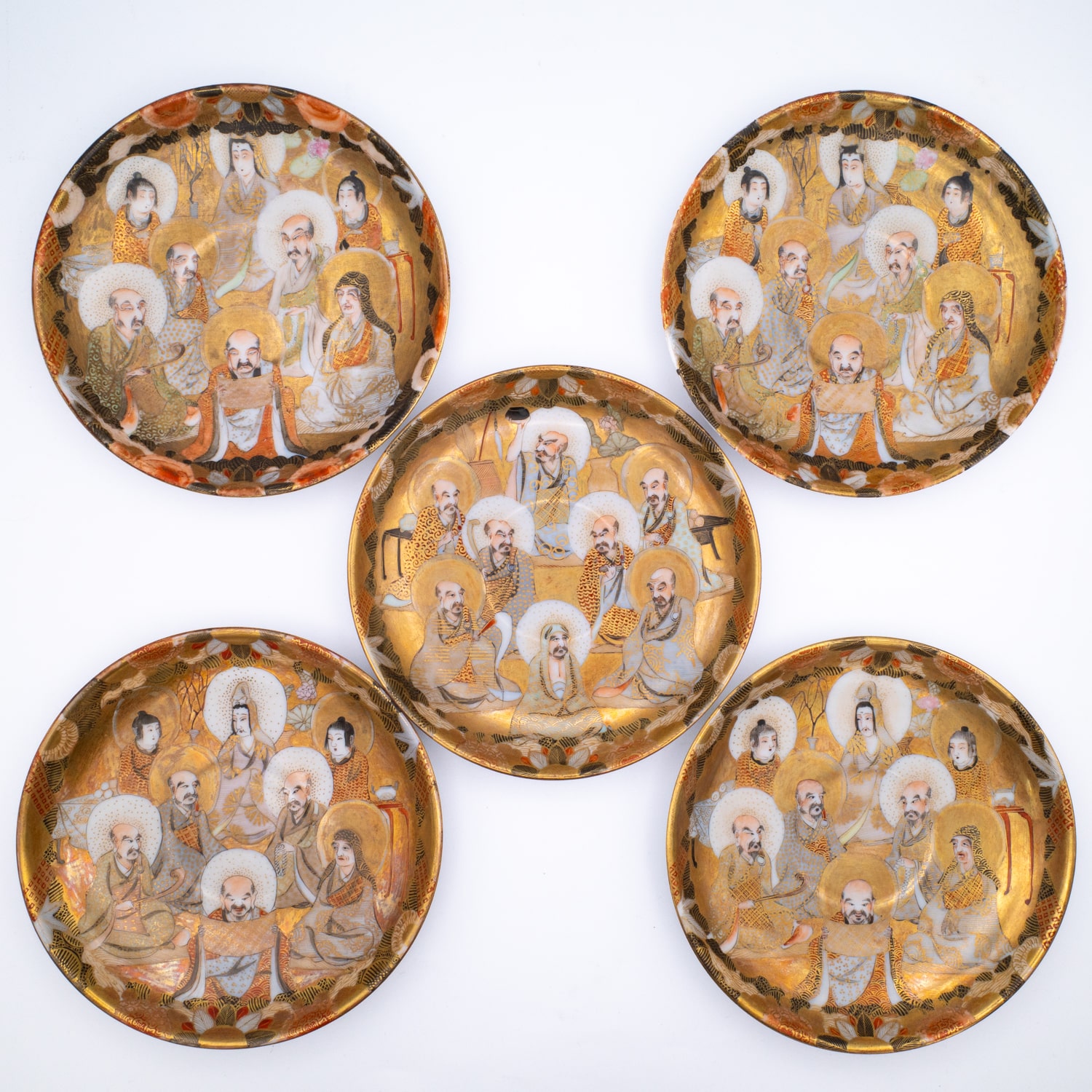 Fine Antique Japanese Satsuma Style Porcelain Cups and Saucers by Ikawa 井川造