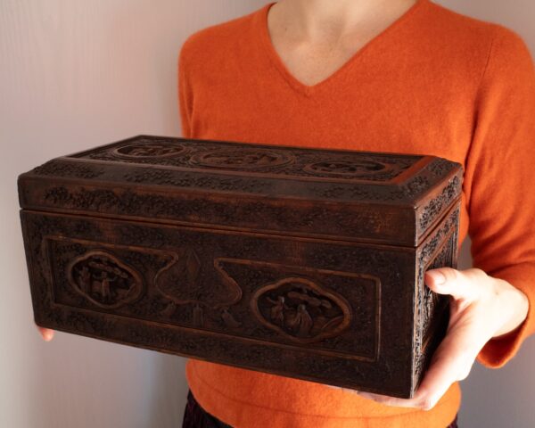 Large Antique Canton Relief Carved Wooden Box With Figural Scenes. Qing Dynasty