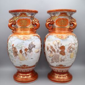 Fine Pair of Antique Japanese Kutani Porcelain Vases With Handles. Meiji Period