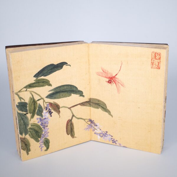 Rare Vintage Chinese Album of Silk Paintings with Hardwood Covers. 20th Century