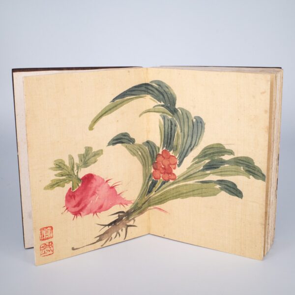 Rare Vintage Chinese Album of Silk Paintings with Hardwood Covers. 20th Century