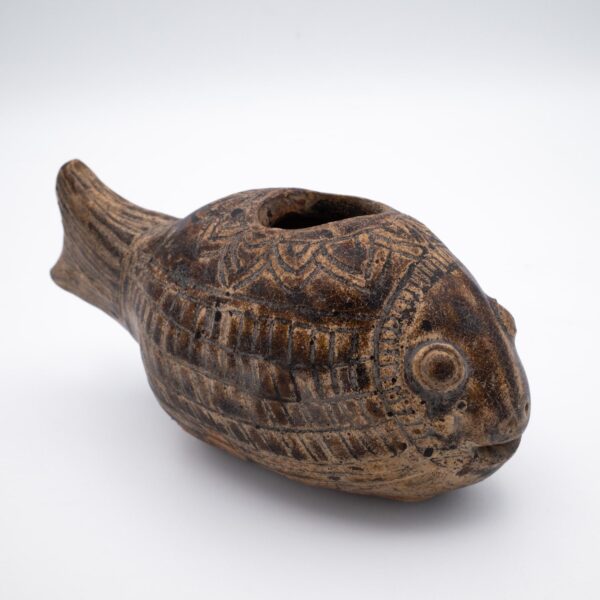 Antique Khmer Brown Glazed Pottery Fish Water Vessel. Angkor Period