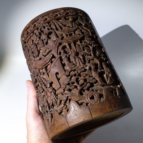 Large Antique Chinese Carved Bamboo Bitong Brush Pot. 19th Century, Qing Dynasty