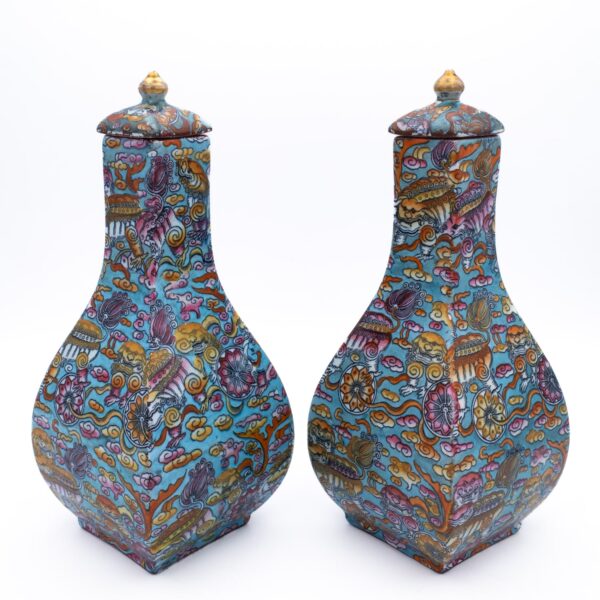 Antique Mason's Ironstone Bandana Pattern Rectangular Lidded Vases. c. 1870-80