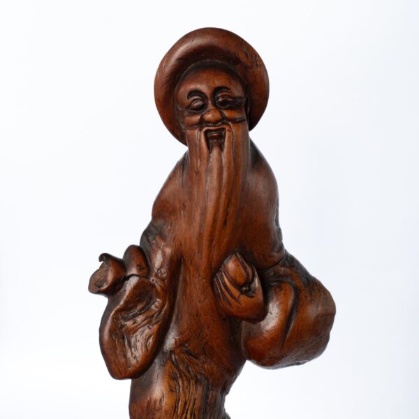 Antique Chinese Root Wood Figure of Shouxing Holding a Peach. Qing Dynasty