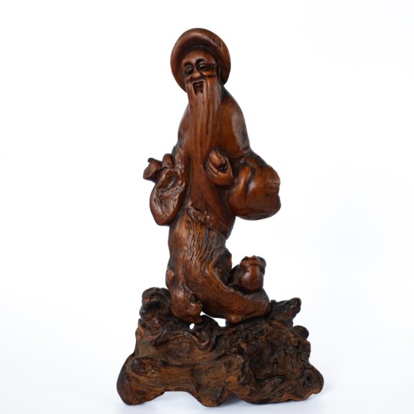 Antique Chinese Root Wood Figure of Shouxing Holding a Peach. Qing Dynasty