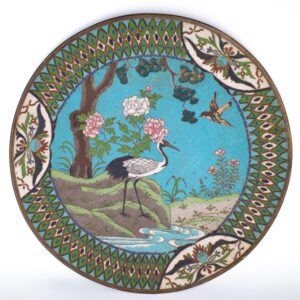 Antique Japanese Cloisonne Charger Plate With Birds. Meiji Period