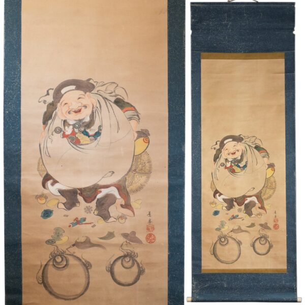 Antique Japanese Kakejiku Hanging Scroll With Daikoku and White Rats. Meiji Period