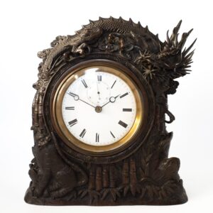 Fine Antique Japanese Bronze Mantel Clock With Dragon and Tiger. 19th century