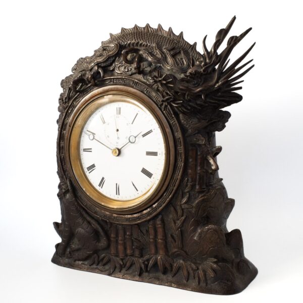 Fine Antique Japanese Bronze Mantel Clock With Dragon and Tiger. 19th century