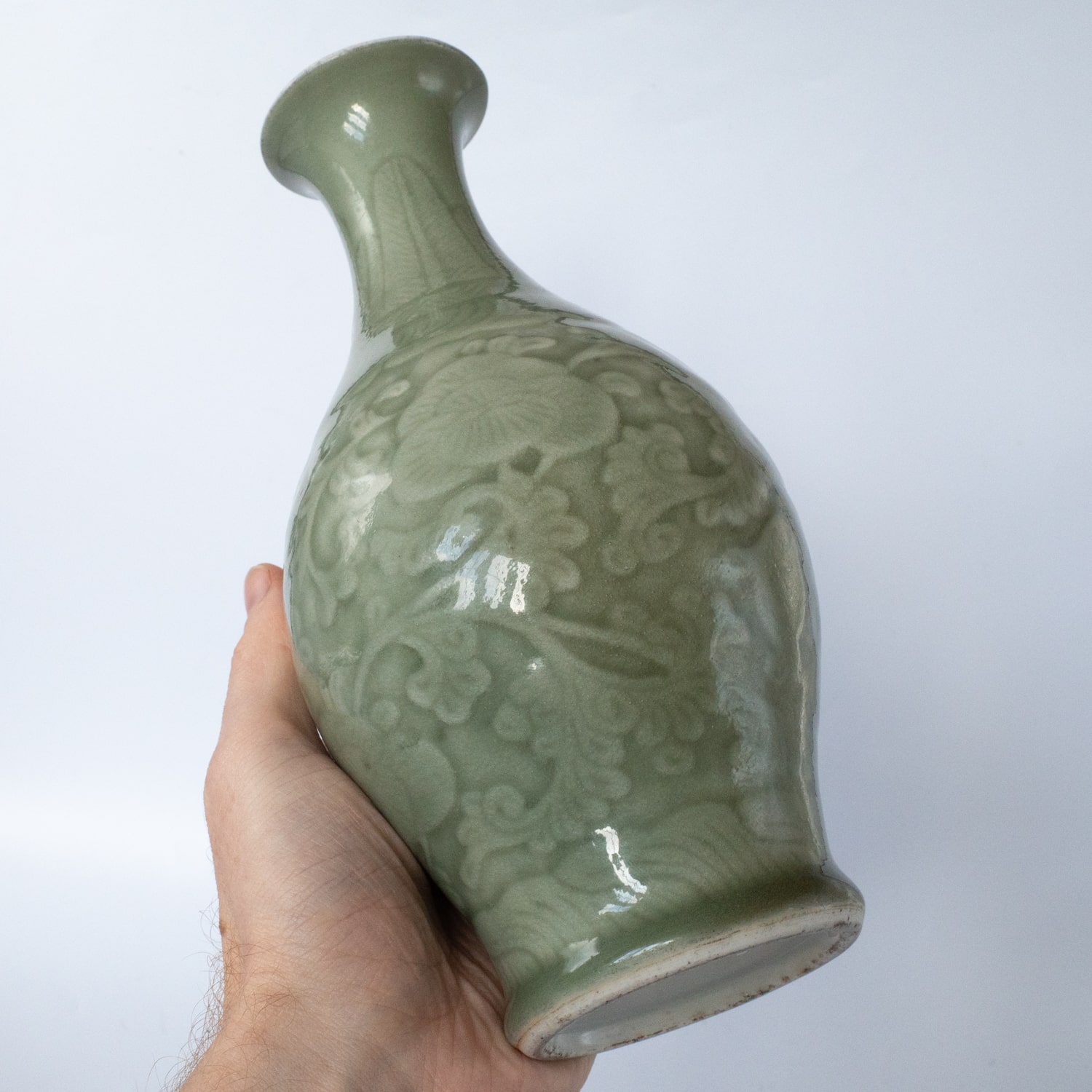 Antique Chinese Celadon Glazed Porcelain Vase With Incised Decoration. Late Qing Dynasty