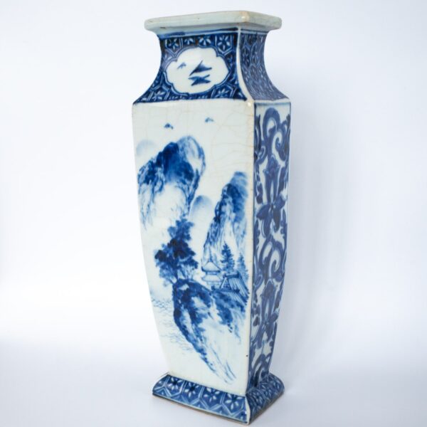 Large Antique Japanese Rectangular Blue and White Porcelain Vase. 19th Century