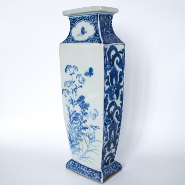 Large Antique Japanese Rectangular Blue and White Porcelain Vase. 19th Century