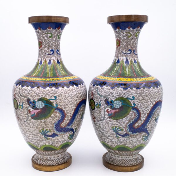 Pair of Chinese Cloisonne Enamelled Dragon Vases. Early 20th Century