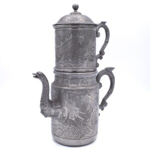 Fine Chinese Swatow Kut Shown Engraved Pewter Teapot with Strainer. 20th Century