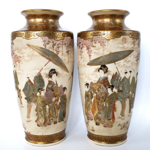 Fine Pair of Antique Japanese Satsuma Pottery Vases by Gyokuzan. Meiji Period