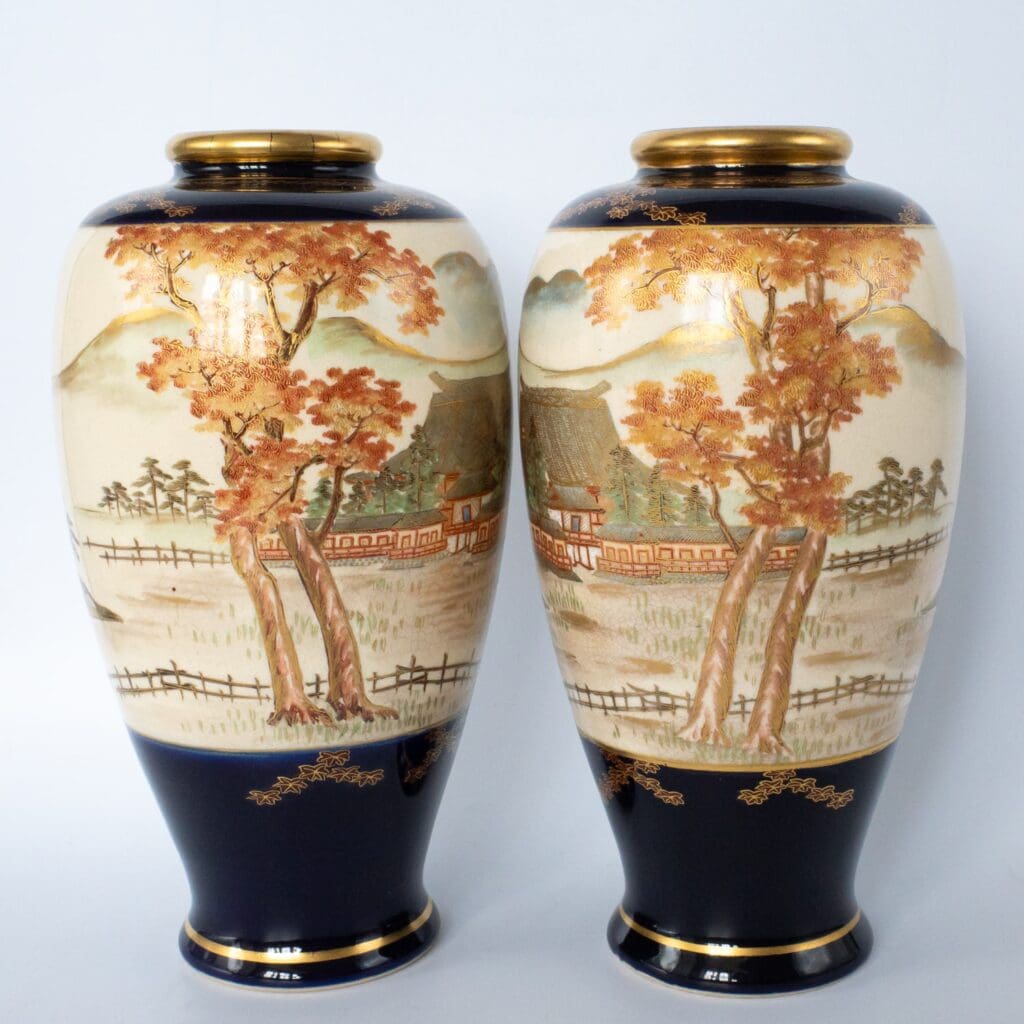 Antique Japanese Cobalt Blue Satsuma Pottery Vases Marked Taisen. Early