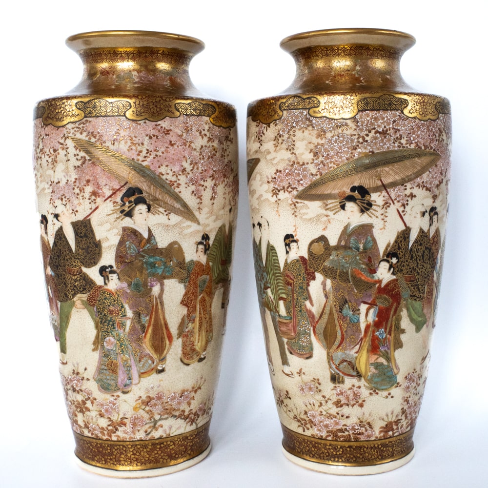 Large Antique Japanese Satsuma Pottery Vases by Gyokuzan Meiji Period